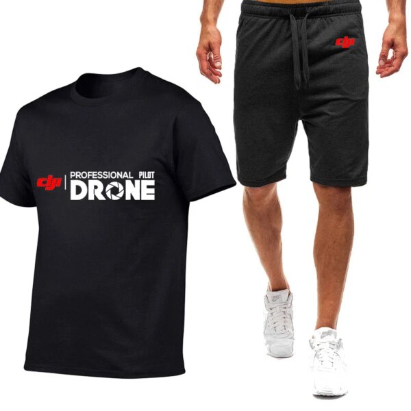 2024 Summer Men Dji Drone Professional Pilot Hot Sale Fashion Nine Color Short-sleeved Suit Simple Casual T-shirt + Shorts Set