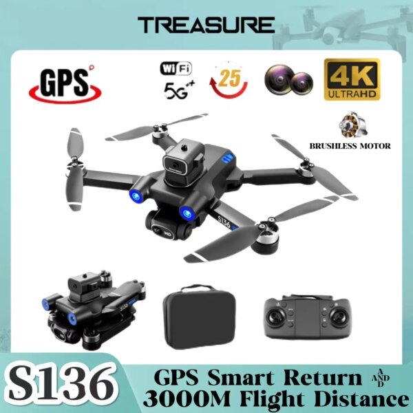 S136 4K Drone Professional Aerial Photography Obstacle Avoidance GPS Smart Return Foldable Quadcopter 3000M Ultra HD RC Toy