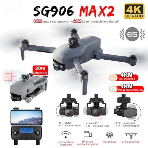 SG906 MAX 2 Professional Drones FPV 4K Camera Drone with 3-Axis Gimbal 4KM Brushless GPS Quadcopter Obstacle Avoidance RC Dron