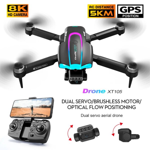 XT105 Mini RC Drone 8K HD Dual Camera GPS Wifi Fpv Brushless Motor Dual Engine Foldable Quadcopter Professional Helicopter Toys