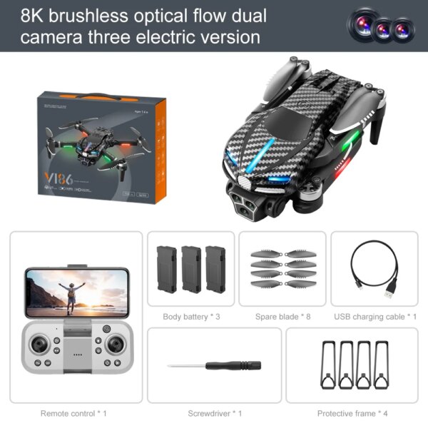 2024 New V186 8K Three Camera Professional Drone FPV Brushless Obstacle Avoidance RC Helicopter Folding Four Axis Aircraft