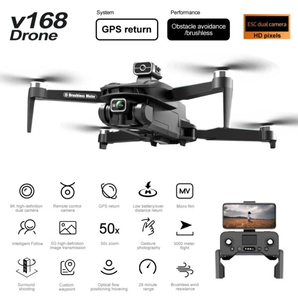 V168 Pro Max drone 8K HD pixels GPS intelligent return 5G image transmission 3KM flight Brushless Professional Quadcopter t Toys